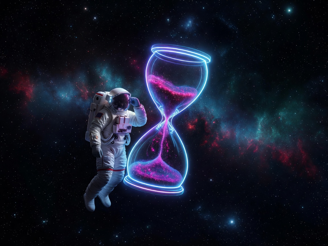 An astronaut observing a floating neon hourglass in outer space symbolizing time management and responsible gaming habits