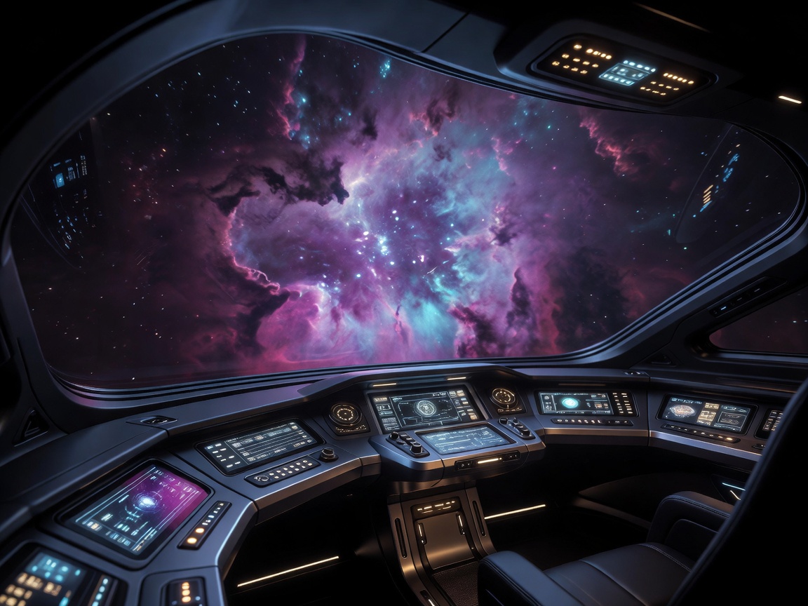 Futuristic Space Ship Cockpit looking at glowing Nebula
